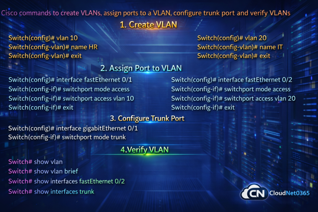 Cisco commands to create VLANs, assign ports to a VLAN, configure trunk port and verify VLANs