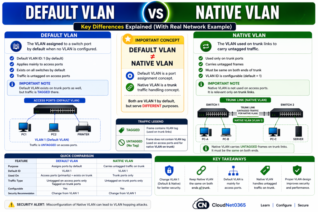 Default VLAN vs Native VLAN explained with diagram